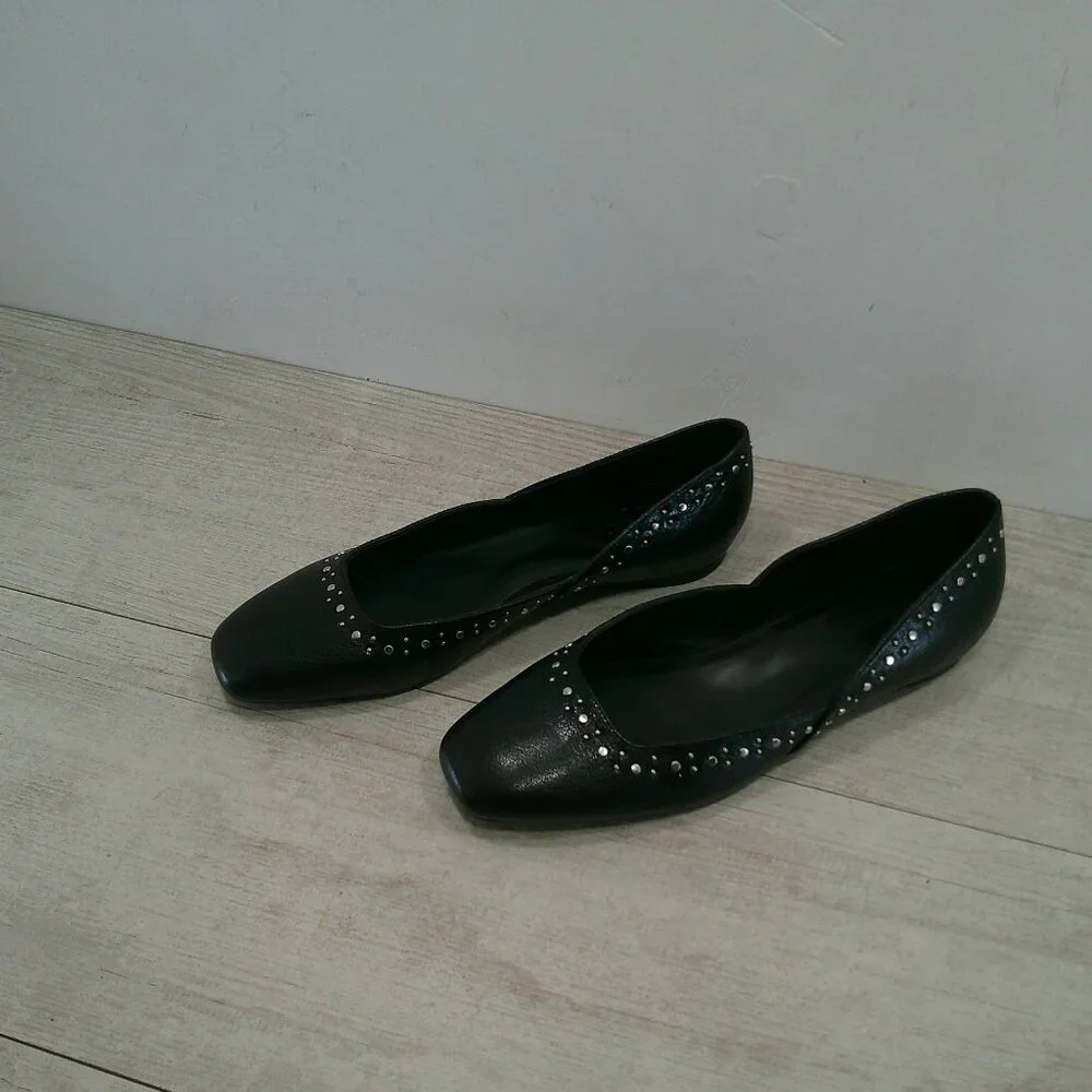 Naturalizer Black Leather D'Orsay Square Toe Studded Cody 3 Ballet Flats SZ 7.5
